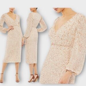Mac Duggal Sequin Embellished Cream Midi Dress